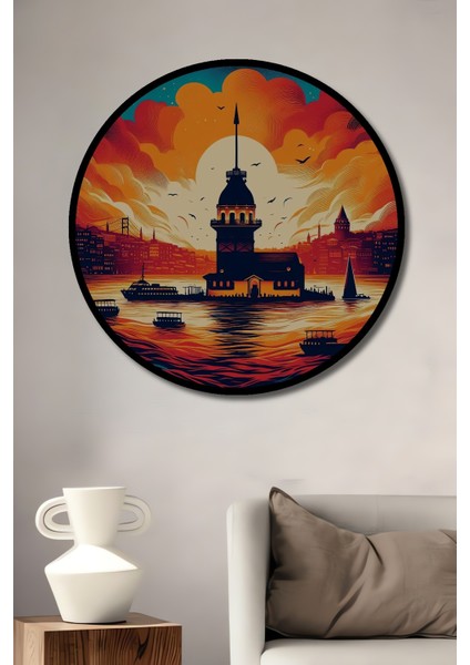 Çerçeve Görünümlü Kız Kulesi Rüya Manzarası Dekoratif Ahşap Mdf Tablo Yuvarlak Tablo
