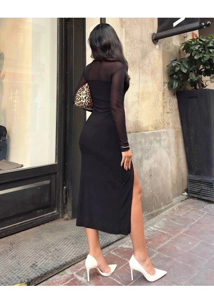 Kadın Tül Detaylı Midi Boy Yırtmaçlı Elbise modelleri