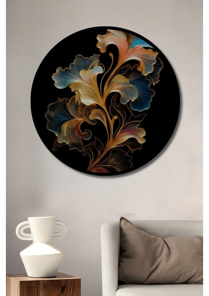 Çerçeve Görünümlü Soyut Sanat Çiçek Desenli Dekoratif Ahşap Mdf Tablo Yuvarlak Tablo
