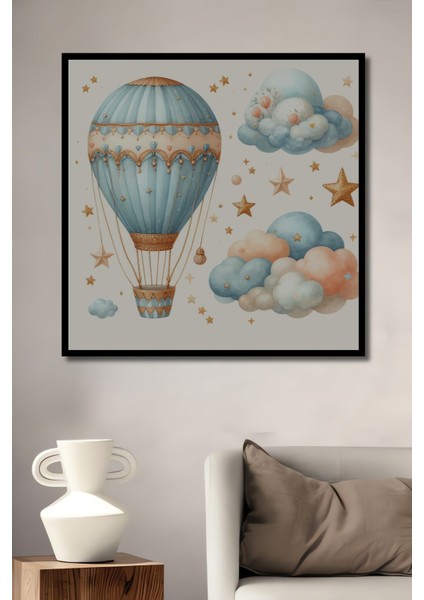 Çerçeve Görünümlü Uçan Balon ve Yıldızlar Dekoratif Ahşap Mdf Tablo Dikdörtgen Tablo