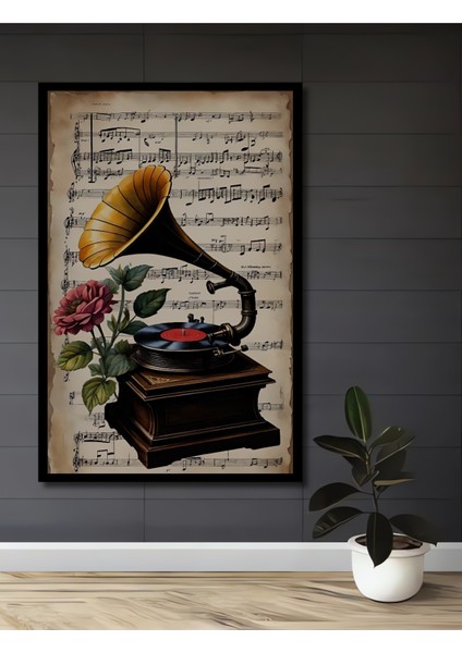 Çerçeve Görünümlü Gramofon ve Gül Temalı Dekoratif Ahşap Mdf Tablo Dikdörtgen Tablo