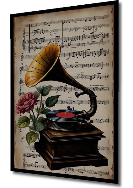 Çerçeve Görünümlü Gramofon ve Gül Temalı Dekoratif Ahşap Mdf Tablo Dikdörtgen Tablo fiyatları