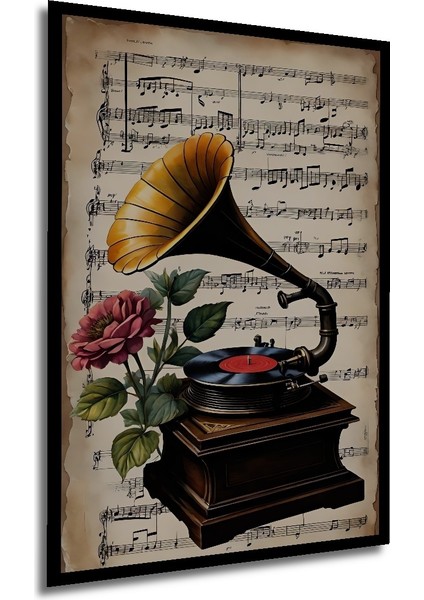 Çerçeve Görünümlü Gramofon ve Gül Temalı Dekoratif Ahşap Mdf Tablo Dikdörtgen Tablo modelleri