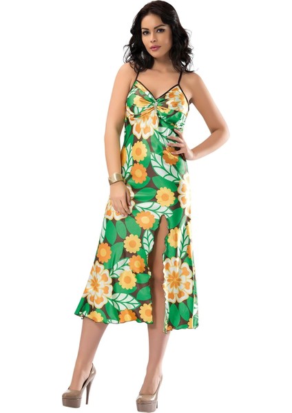 Yeşil Yırtmaçlı Saten Gecelil - 082 modelleri