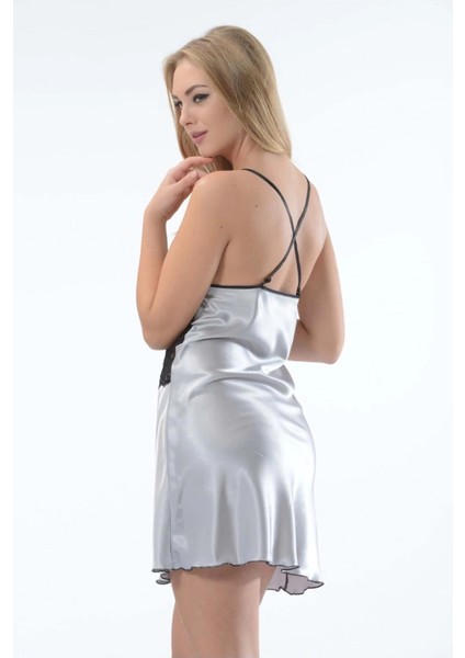 Gri Dantelli Saten Gecelik - M-386 fırsatları