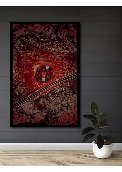 Çerçeve Görünümlü Kırmızı Şehir Haritası Ahşap Mdf Dekoratif Tablo Dikdörtgen Tablo