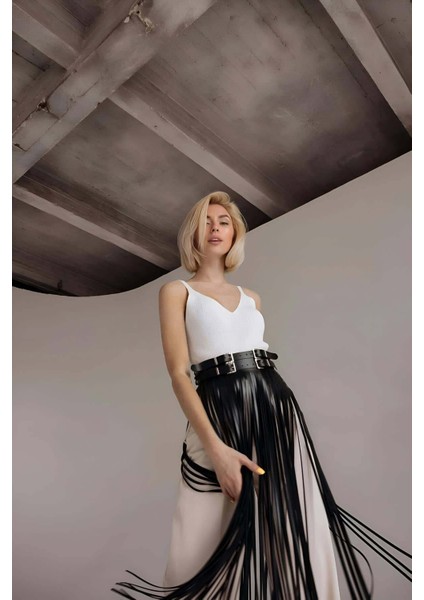 Püsküllü Deri Etek, Bel Üzeri Şık Püsküllü Deri Etek - BRF1090 fırsatları