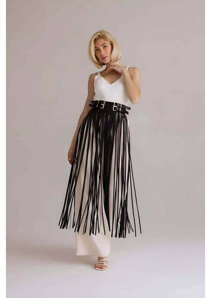 Püsküllü Deri Etek, Bel Üzeri Şık Püsküllü Deri Etek - BRF1090 indirimleri