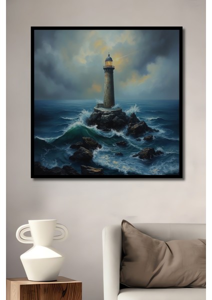 Çerçeve Görünümlü Fırtınalı Deniz Feneri Dekoratif Ahşap Mdf Tablo Dikdörtgen Tablo