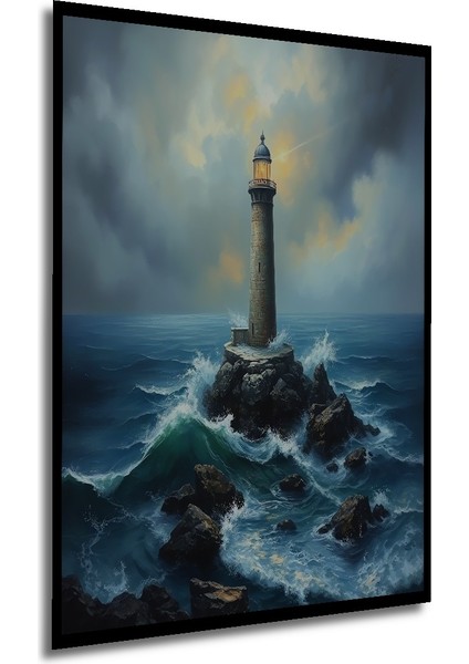 Çerçeve Görünümlü Fırtınalı Deniz Feneri Dekoratif Ahşap Mdf Tablo Dikdörtgen Tablo modelleri