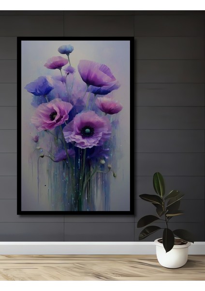 Çerçeve Görünümlü Mor Gelincik Çiçekleri Dekoratif Ahşap Mdf Tablo Dikdörtgen Tablo