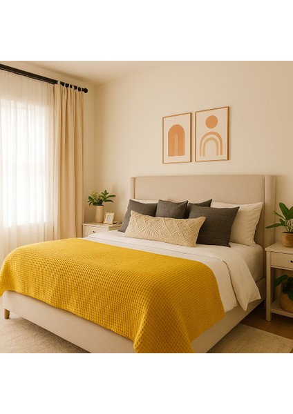 Waffle %100 Pamuk Premium Yatak Örtüsü Hardal Renk Çift Kişilik 230X250 cm fiyatları