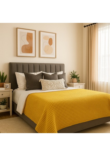 Waffle %100 Pamuk Premium Yatak Örtüsü Hardal Renk Çift Kişilik 230X250 cm fırsatları