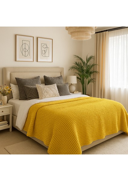 Waffle %100 Pamuk Premium Yatak Örtüsü Hardal Renk Çift Kişilik 230X250 cm indirimleri