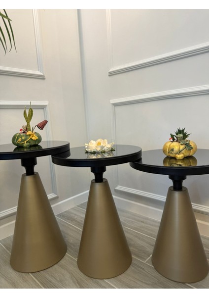 3 Lü Class Sarı Siyahcam Aynalı Zigon Sehpa