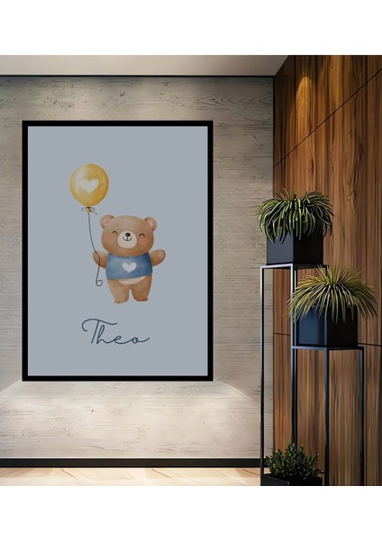 Çerçeve Görünümlü Sevimli Ayıcık Balonlu Dekoratif Ahşap Mdf Tablo Dikdörtgen Tablo