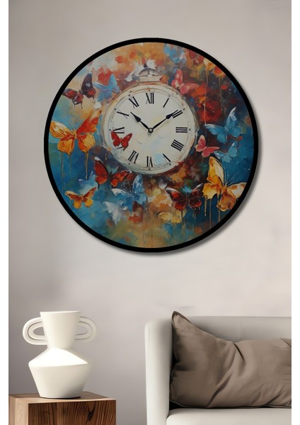 Çerçeve Görünümlü Renkli Kelebekler ve Saat Dekoratif Ahşap Mdf Tablo Yuvarlak Tablo