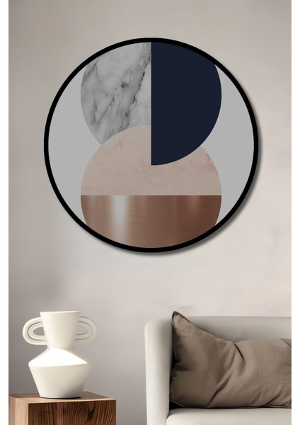 Çerçeve Görünümlü Mermer Altın Çember Soyut Dekoratif Ahşap Mdf Tablo Yuvarlak Tablo