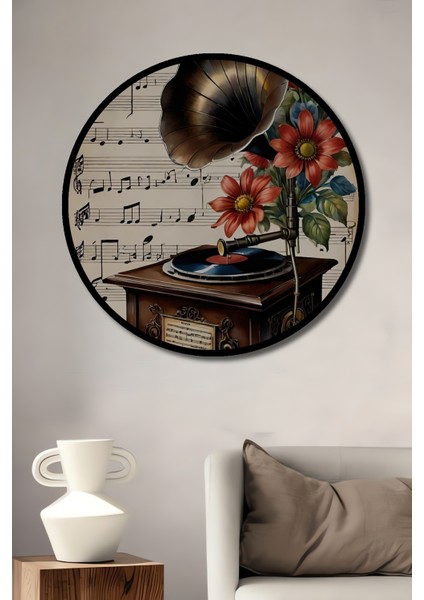 Çerçeve Görünümlü Retro Gramofon ve Çiçekli Ahşap Mdf Dekoratif Tablo Yuvarlak Tablo
