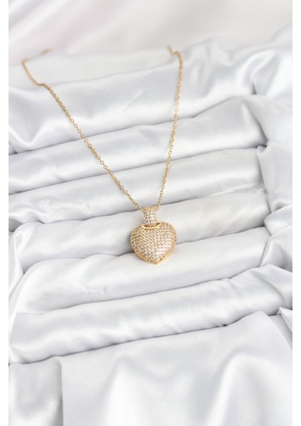 316L Çelik Zincir Gold Renk Zirkon Taşlı Kalpli Kadın Kolye - Lisinya fiyatları