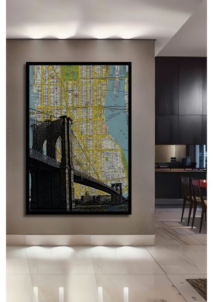 Çerçeve Görünümlü Brooklyn Köprüsü Harita Ahşap Mdf Dekoratif Tablo Dikdörtgen Tablo