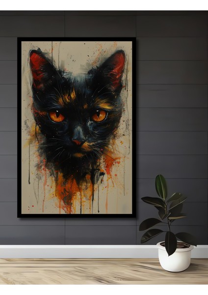 Çerçeve Görünümlü Dekoratif Ahşap Mdf Tablo Sanatsal Kedi Portresi Dikdörtgen Tablo