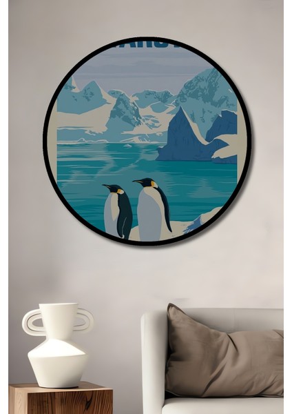 Çerçeve Görünümlü Antarktika Penguenleri Dekoratif Ahşap Mdf Ev Duvar Tablo Yuvarlak Ev Duvar Tablo