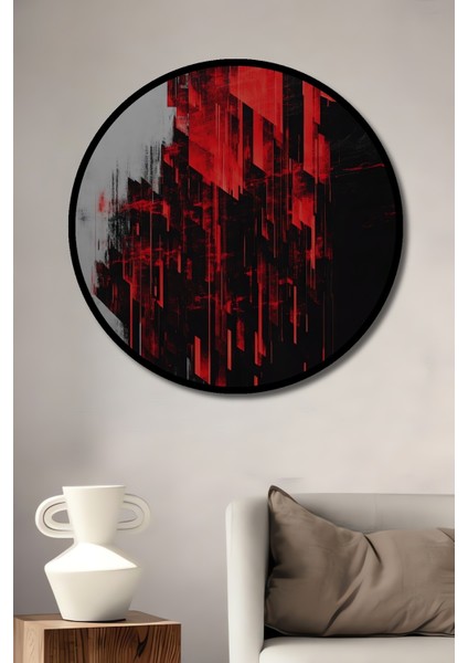 Çerçeve Görünümlü Kırmızı Soyut Geometrik Ahşap Mdf Dekoratif Ev Duvar Tablo Yuvarlak Ev Duvar Tablo
