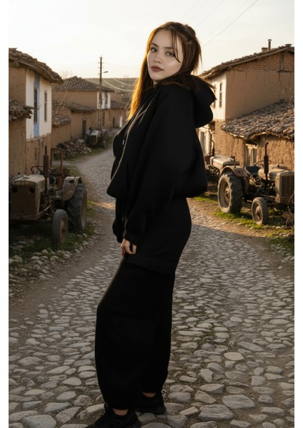 Kadın Oversize Kapüşonlu Eşofman Takımı Premıum Kalite | Şardonlu Kışlık Jogger Seti