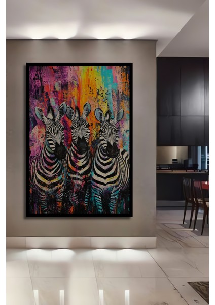 Çerçeve Görünümlü Renkli Zebra Sanatı Dekoratif Ahşap Mdf Ev Duvar Tablo Dikdörtgen Ev Duvar Tablo