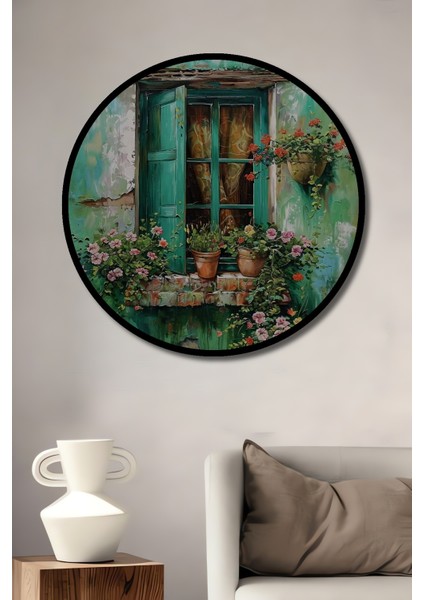 Çerçeve Görünümlü Renkli Çiçekli Pencere Ahşap Mdf Dekoratif Ev Duvar Tablo Yuvarlak Ev Duvar Tablo