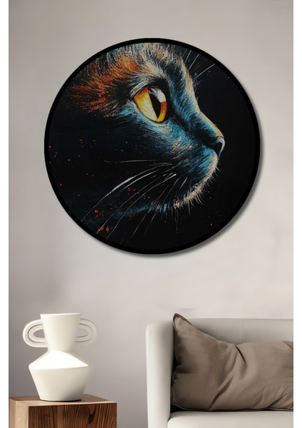 Çerçeve Görünümlü Büyüleyici Gece Kedisi Dekoratif Ahşap Mdf Ev Duvar Tablo Yuvarlak Ev Duvar Tablo
