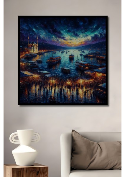 Çerçeve Görünümlü Istanbul Boğazı Gece Dekoratif Ahşap Mdf Ev Duvar Tablo Dikdörtgen Ev Duvar Tablo