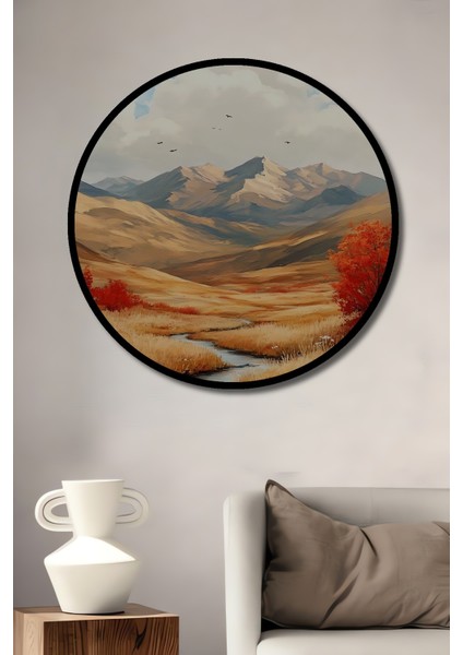 Çerçeve Görünümlü Sonbahar Dağ Manzarası Dekoratif Ahşap Mdf Ev Duvar Tablo Yuvarlak Ev Duvar Tablo