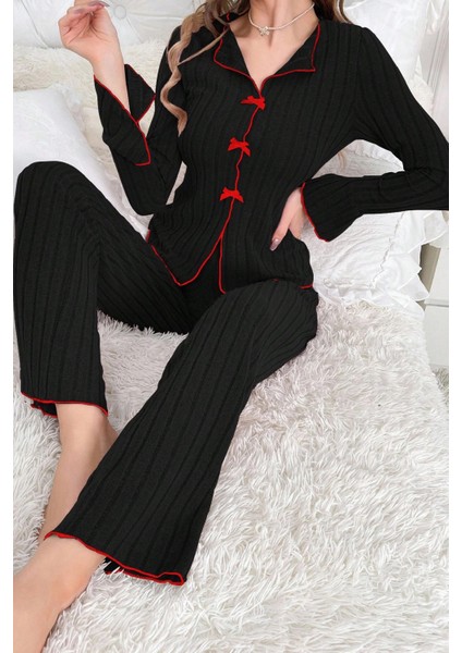 Kadın Siyah Kırmızı Biyeli ve Fiyonklu Uzun Kollu Mevsimlik Pijama Takımı indirimleri
