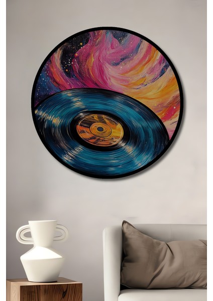 Çerçeve Görünümlü Kozmik Plak Renk Cümbüşü Ahşap Mdf Dekoratif Tablo Yuvarlak Tablo