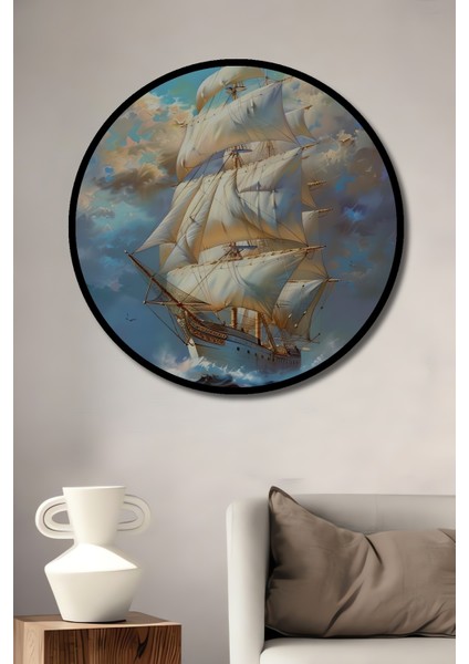Çerçeve Görünümlü Yelkenli Gemide Fırtına Dekoratif Ahşap Mdf Ev Duvar Tablo Yuvarlak Ev Duvar Tablo