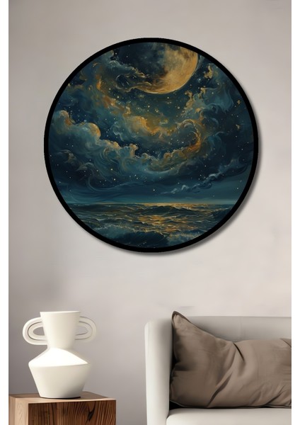Çerçeve Görünümlü Ayışığı Deniz Manzarası Ahşap Mdf Dekoratif Ev Duvar Tablo Yuvarlak Ev Duvar Tablo