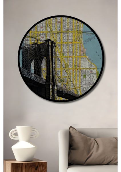 Çerçeve Görünümlü Brooklyn Köprüsü Harita Ahşap Mdf Dekoratif Ev Duvar Tablo Yuvarlak Ev Duvar Tablo