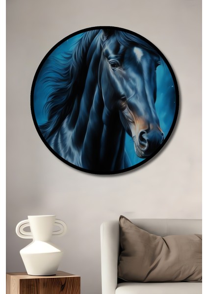 Çerçeve Görünümlü Yıldızlı Gece Mavisi At Dekoratif Ahşap Mdf Ev Duvar Tablo Yuvarlak Ev Duvar Tablo