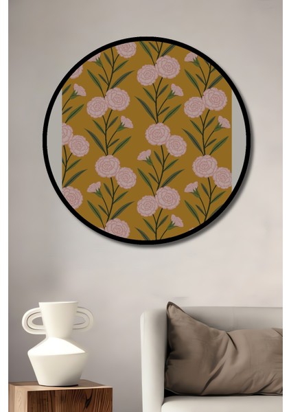 Çerçeve Görünümlü Pembe Çiçekler Desenli Ahşap Mdf Dekoratif Ev Duvar Tablo Yuvarlak Ev Duvar Tablo