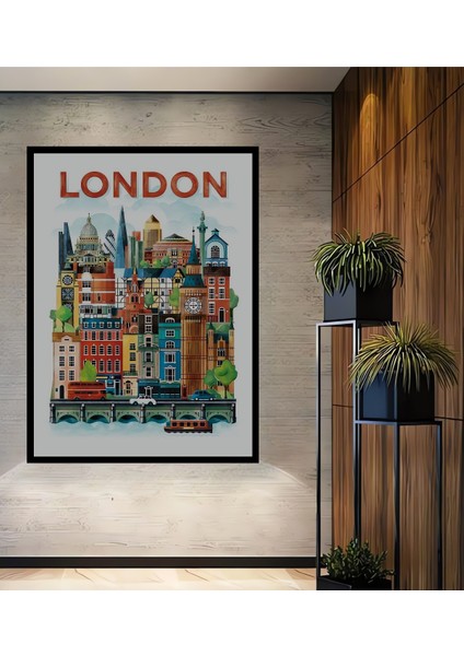 Çerçeve Görünümlü Londra Şehir Silueti Ahşap Mdf Dekoratif Ev Duvar Tablo Dikdörtgen Ev Duvar Tablo