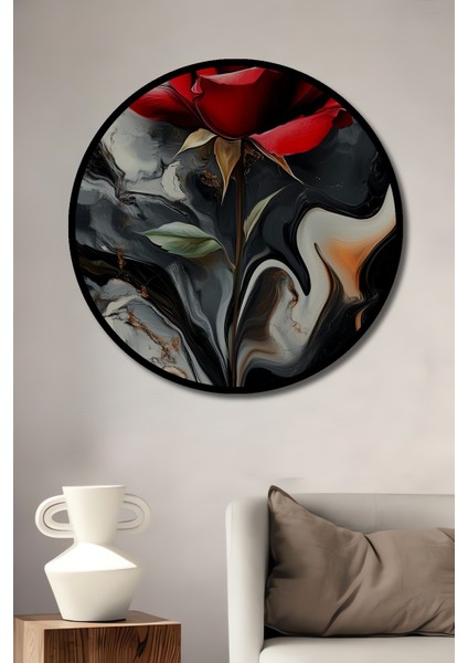 Çerçeve Görünümlü Kırmızı Gül Siyah Soyut Dekoratif Ahşap Mdf Ev Duvar Tablo Yuvarlak Ev Duvar Tablo