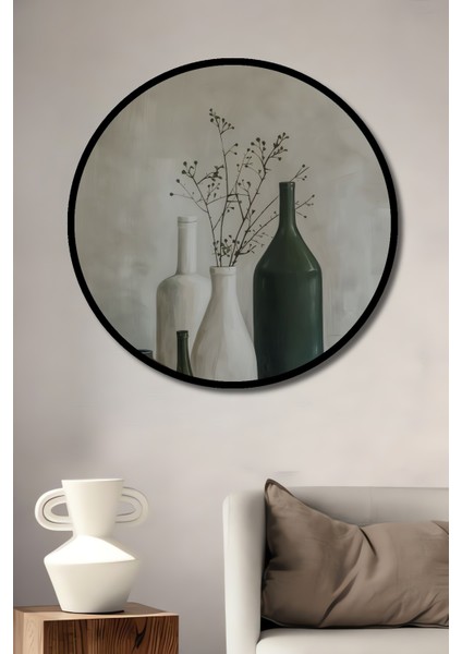 Çerçeve Görünümlü Zarif Vazo Kompozisyonu Dekoratif Ahşap Mdf Ev Duvar Tablo Yuvarlak Ev Duvar Tablo