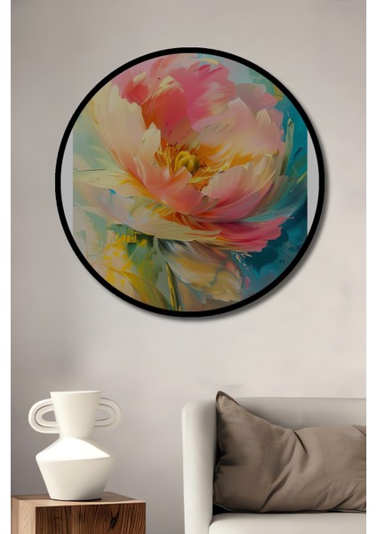 Çerçeve Görünümlü Pastel Renklerde Çiçek Ahşap Mdf Dekoratif Ev Duvar Tablo Yuvarlak Ev Duvar Tablo