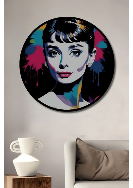 Çerçeve Görünümlü Renkli Audrey Hepburn Ahşap Mdf Dekoratif Ev Duvar Tablo Yuvarlak Ev Duvar Tablo