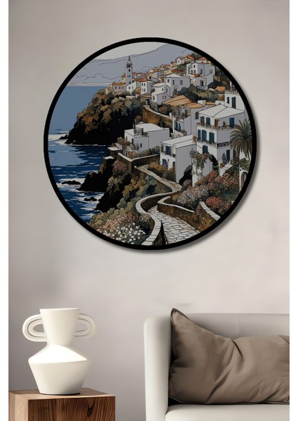 Çerçeve Görünümlü Akdeniz Sahil Kasabası Dekoratif Ahşap Mdf Ev Duvar Tablo Yuvarlak Ev Duvar Tablo
