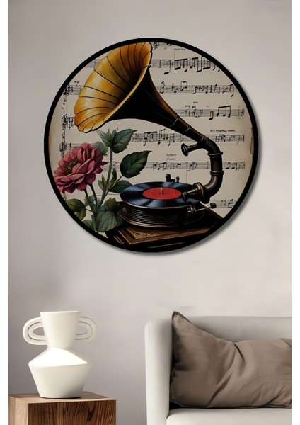 Çerçeve Görünümlü Gramofon ve Gül Temalı Dekoratif Ahşap Mdf Ev Duvar Tablo Yuvarlak Ev Duvar Tablo