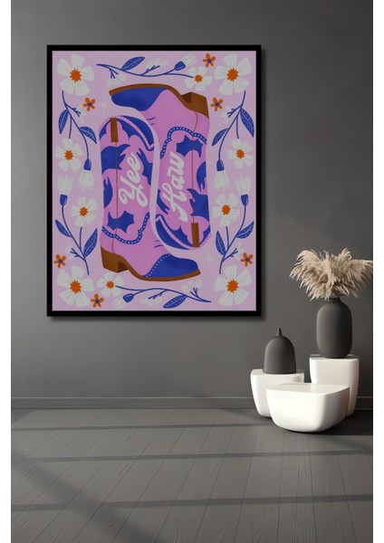 Çerçeve Görünümlü Çiçekli Kovboy Çizme Dekoratif Ahşap Mdf Ev Duvar Tablo Dikdörtgen Ev Duvar Tablo