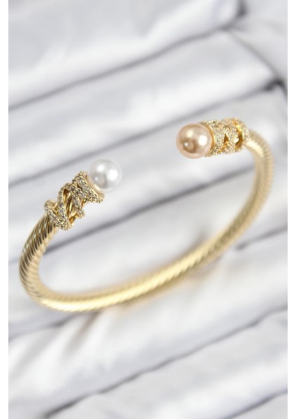 Çelik Zirkon Taşlı Inci Model Gold Ren Bileklik